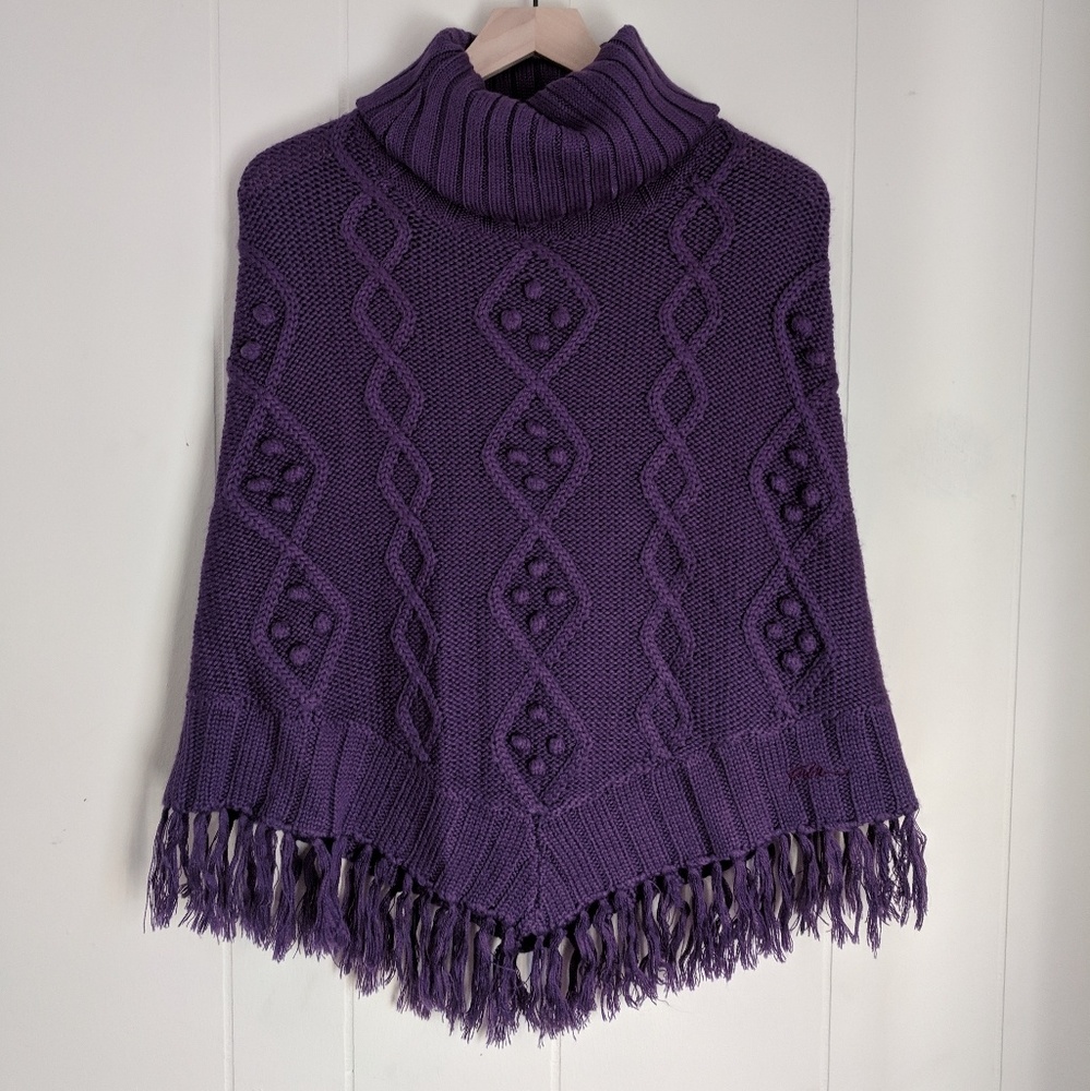 FUBU Rare Purple Pom Fringe Wool Blend Poncho